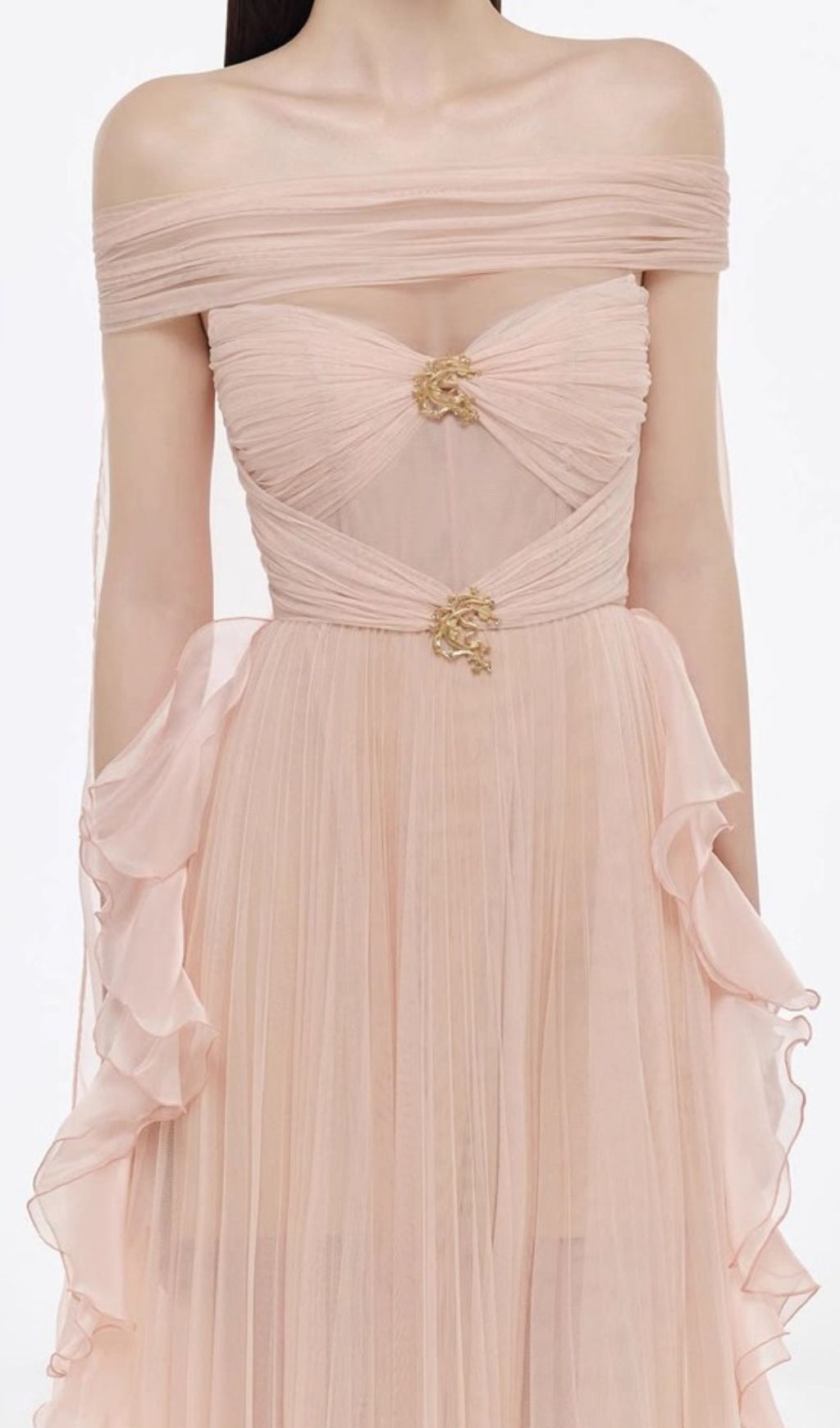 Johanna Off-Shoulder Mesh Ruffle Maxi Gown