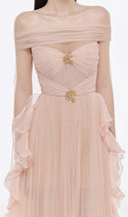 Johanna Off-Shoulder Mesh Ruffle Maxi Gown