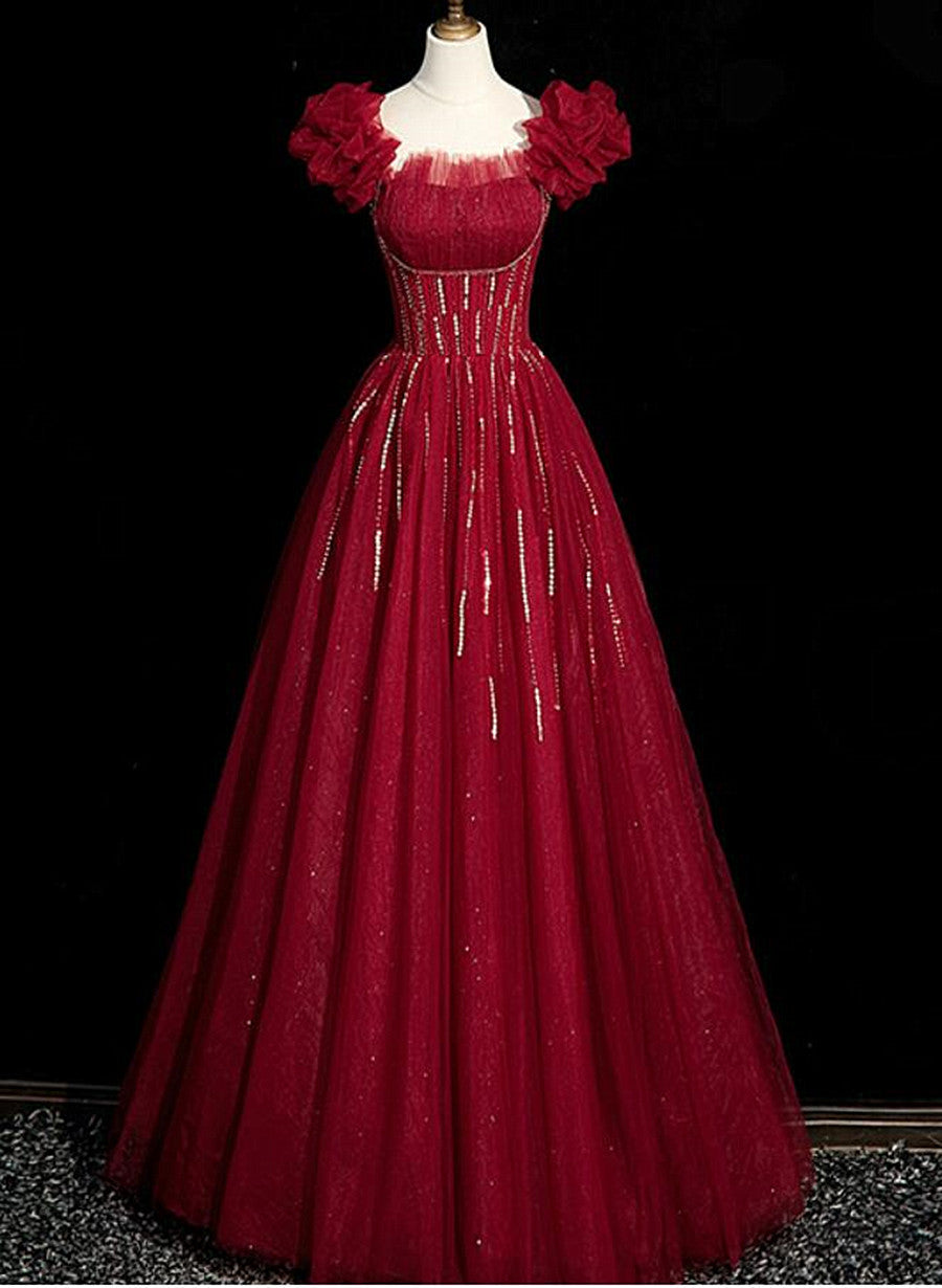 Vestido de fiesta de tul rojo vino con mangas cortas y cuentas 