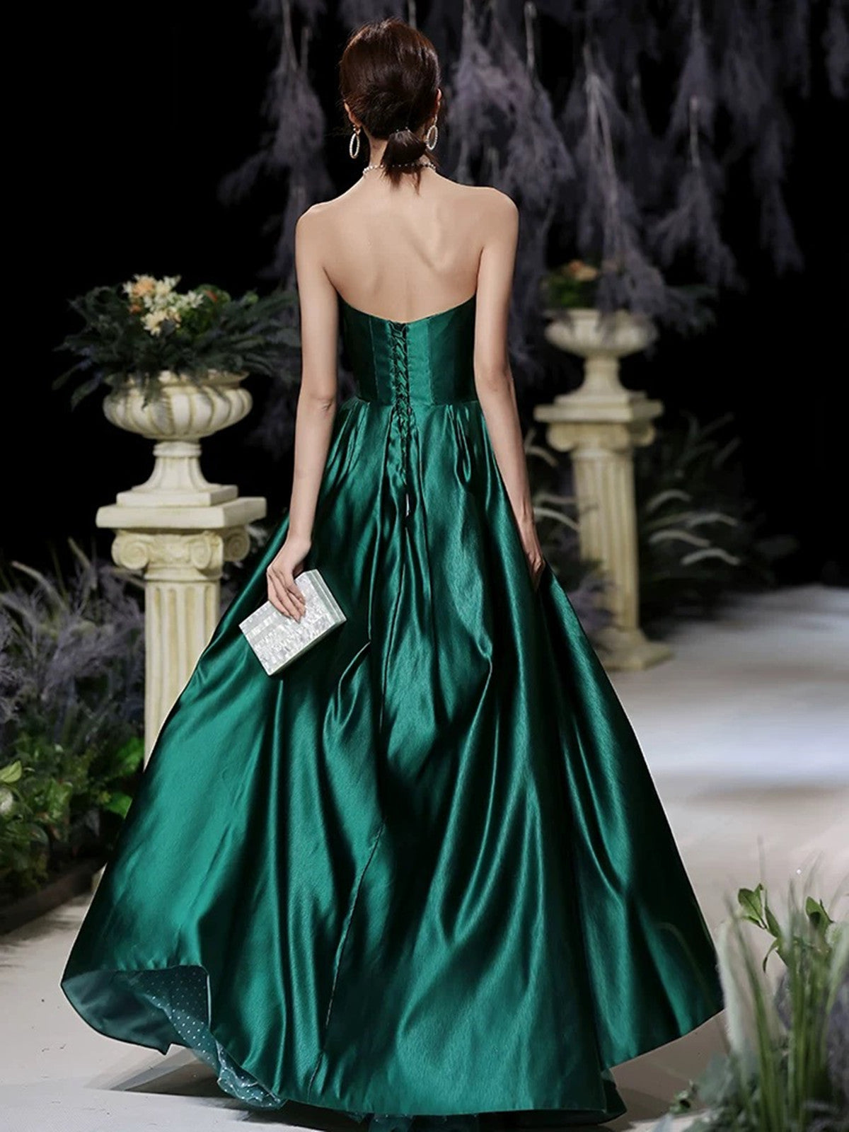 Green Satin and Tulle Strapless A-line Party Dress