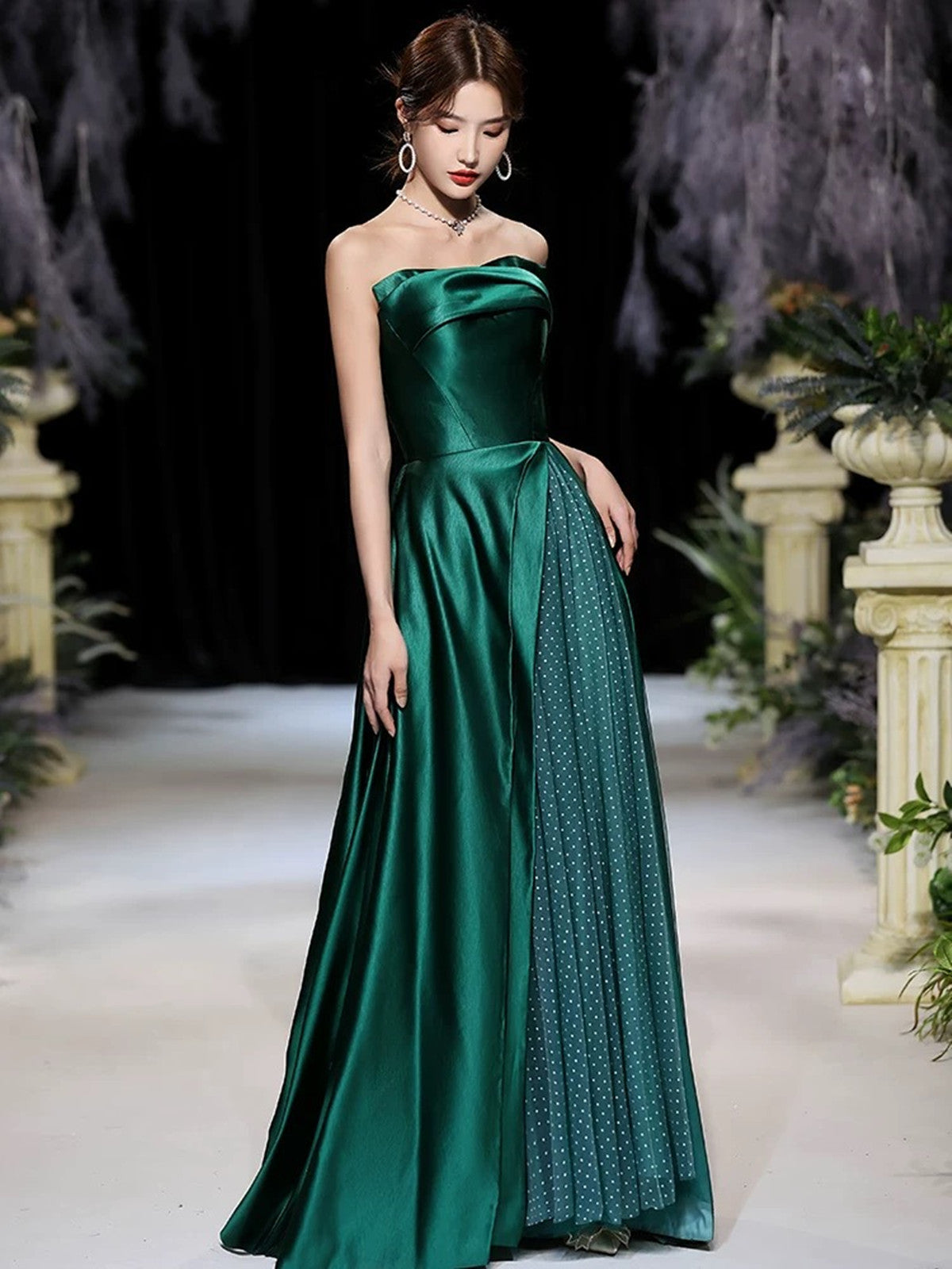 Green Satin and Tulle Strapless A-line Party Dress