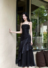 Vestido de fiesta largo elegante con tirantes de sirena de satén negro 