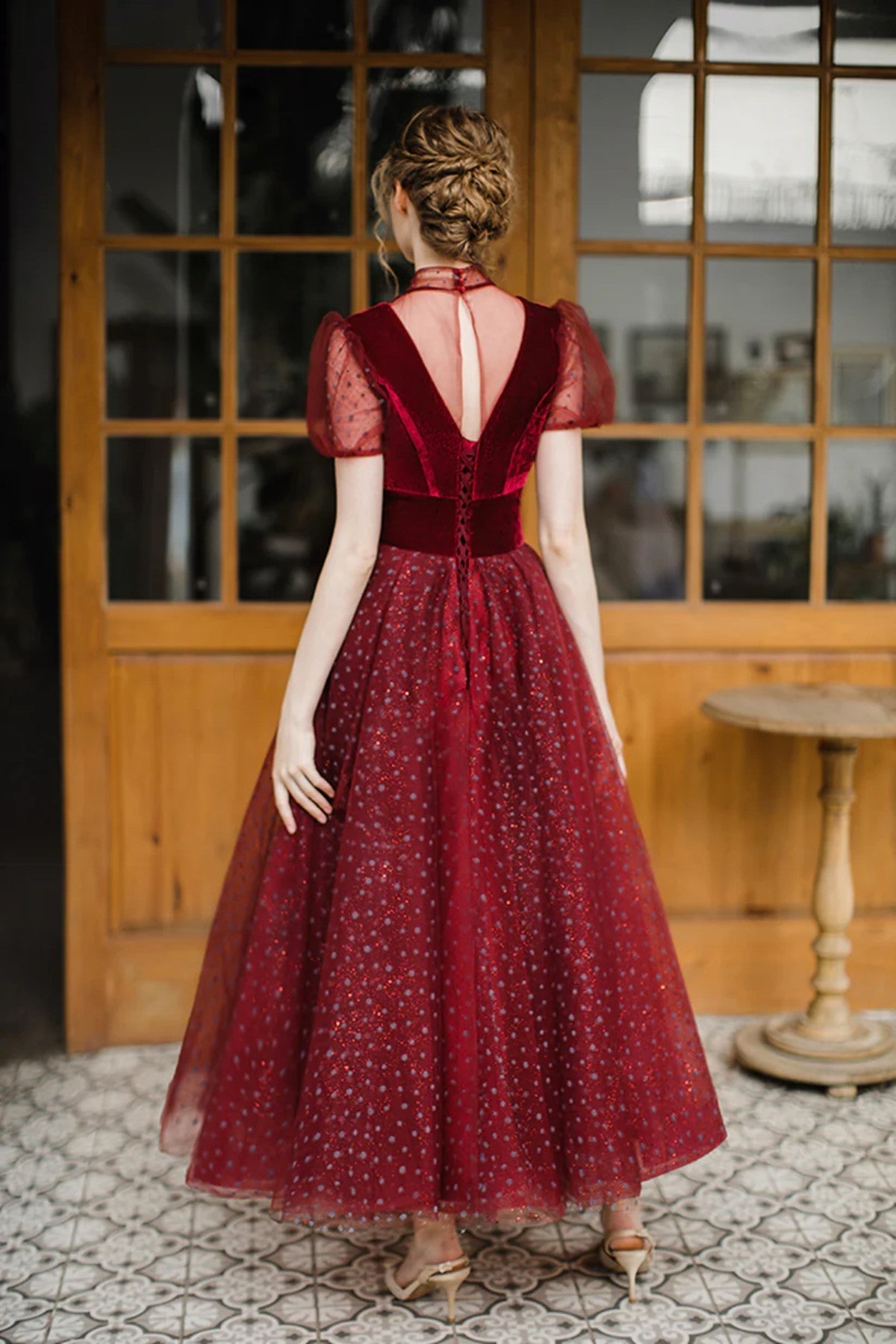 Wine Red Velvet and Tulle Tea Length Party Dress
