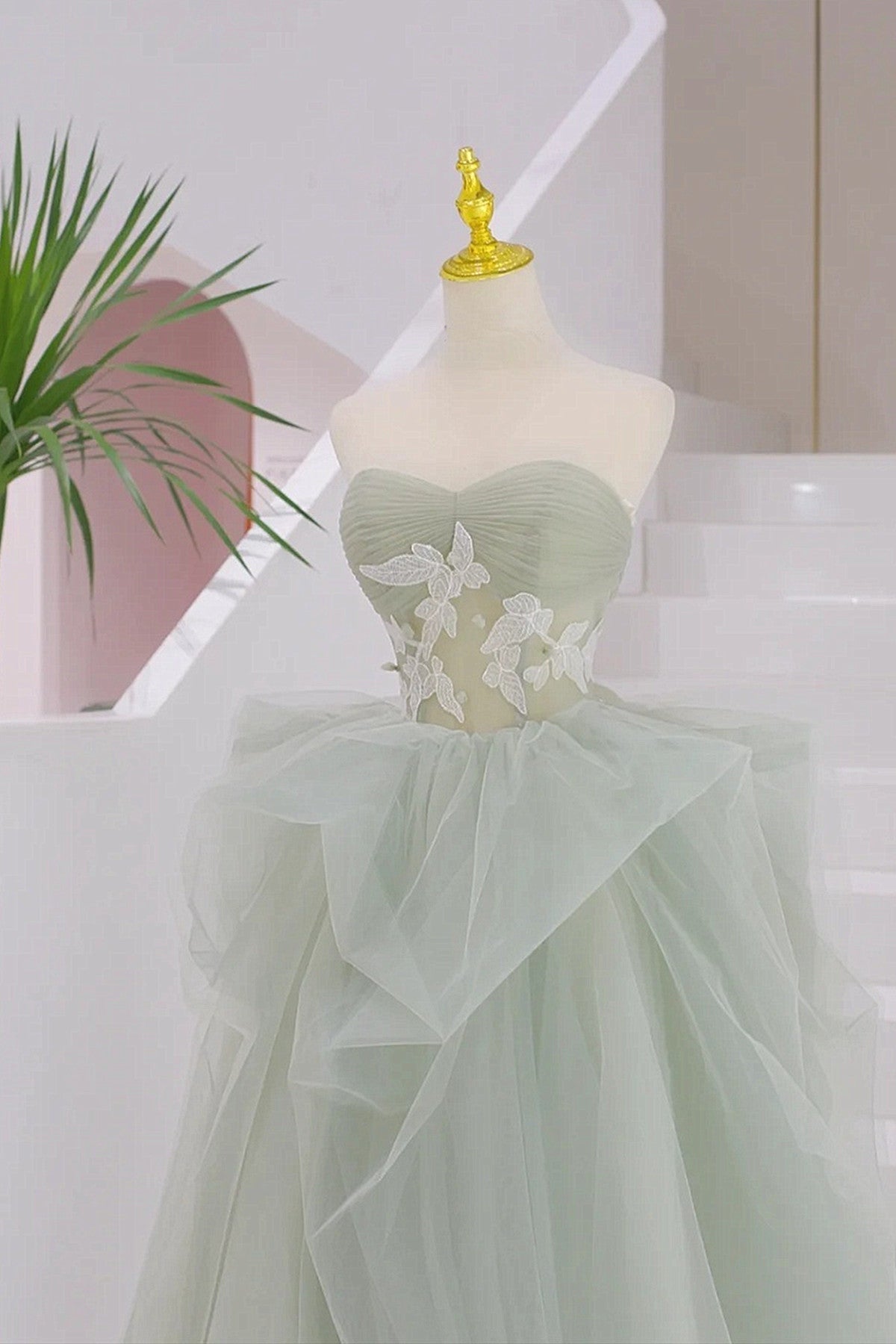 Vestido de fiesta largo de tul con escote en forma de A, color verde claro 