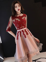 Red and Pink Tulle with Lace Short Sleeves Party Dress