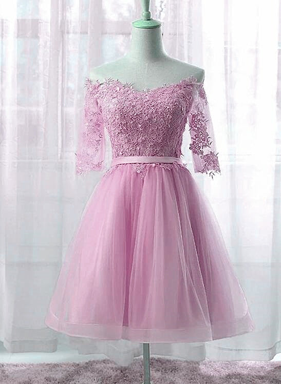 Lindo vestido de fiesta rosa de manga corta hasta la rodilla 