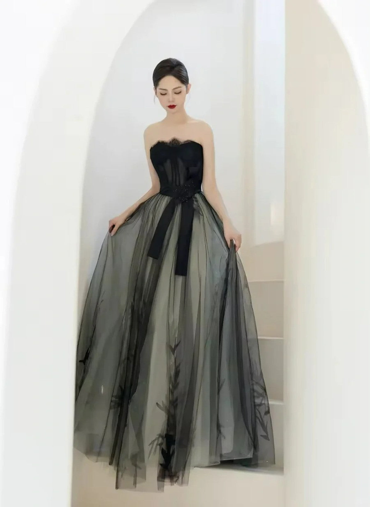 Vestido de fiesta largo de tul con escote en forma de A y escote en forma de corazón 