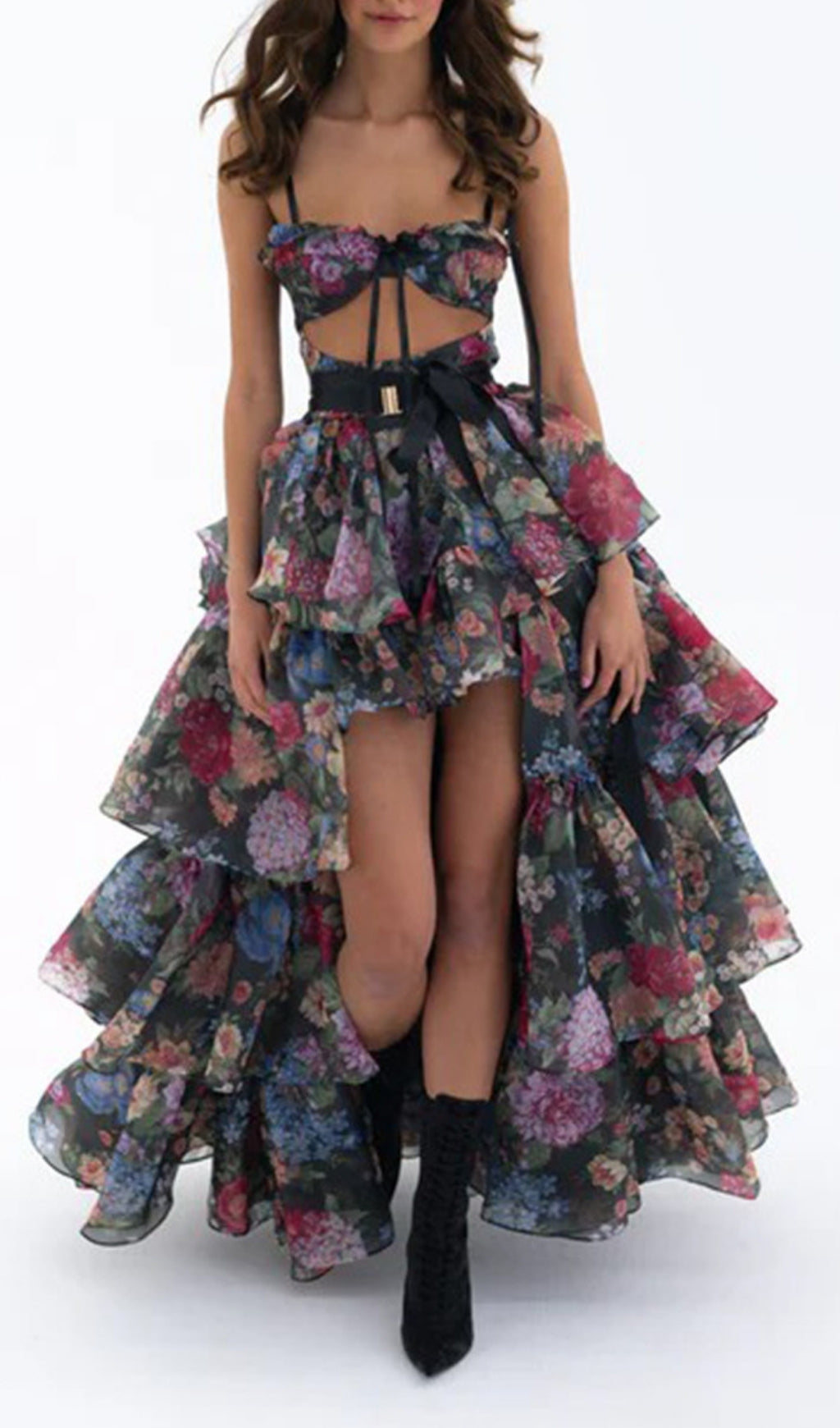 Eabha Daring Floral High-Low Maxi Dress with Cut-Out Bodice