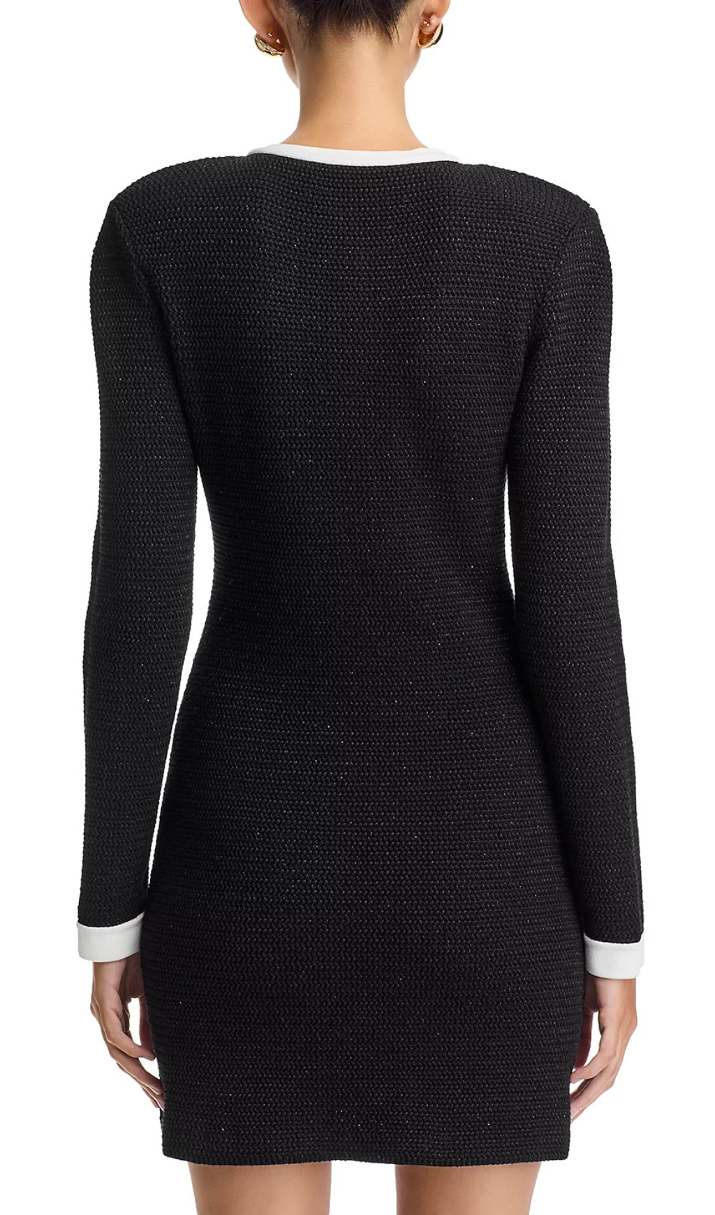 Chic Black Knit Mini Dress with Gold Buttons & Contrast Trim