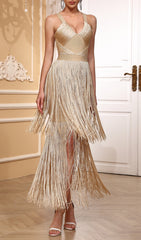 Eliora Dazzling Gold Fringe Bandage Maxi Dress