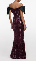 Jurek Sequin Off-Shoulder Bow Maxi Gown