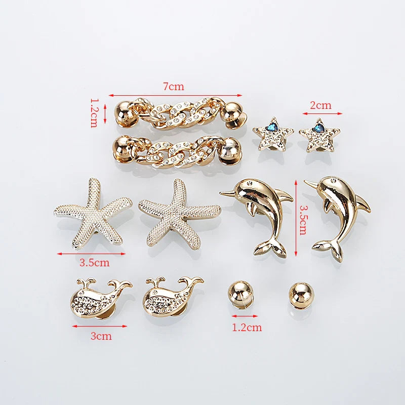 12 Pcs Luxury Crystal Gold Star Clogs Accessories Diy Detachable Metal Chain Shoes Charms Set Couple's Shoes Decorations
