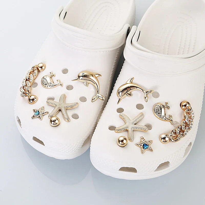 12 Pcs Luxury Crystal Gold Star Clogs Accessories Diy Detachable Metal Chain Shoes Charms Set Couple's Shoes Decorations