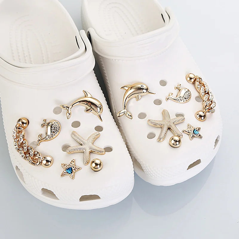 12 Pcs Luxury Crystal Gold Star Clogs Accessories Diy Detachable Metal Chain Shoes Charms Set Couple's Shoes Decorations