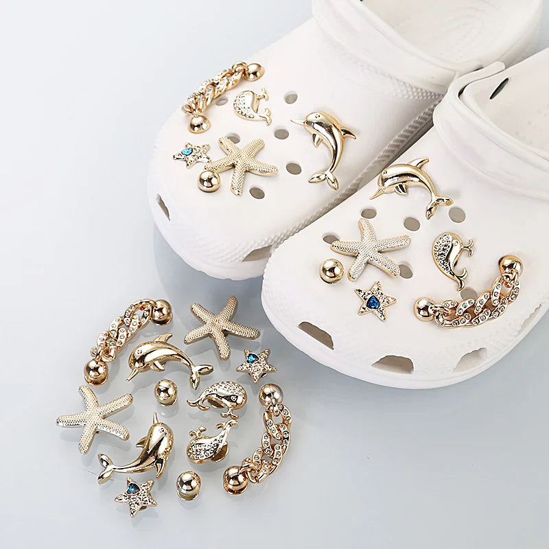 12 Pcs Luxury Crystal Gold Star Clogs Accessories Diy Detachable Metal Chain Shoes Charms Set Couple's Shoes Decorations