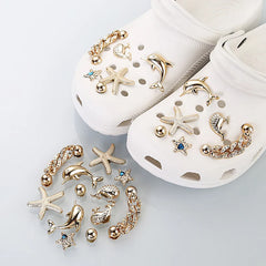 12 Pcs Luxury Crystal Gold Star Clogs Accessories Diy Detachable Metal Chain Shoes Charms Set Couple's Shoes Decorations