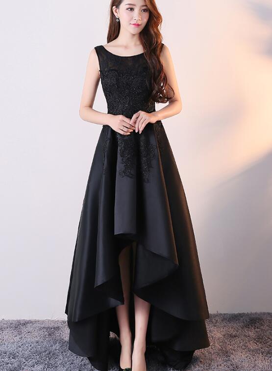 Black Satin with Lace High Low Prom Dress