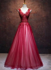 Lovely Wine Red V-neckline Tulle Party Gown