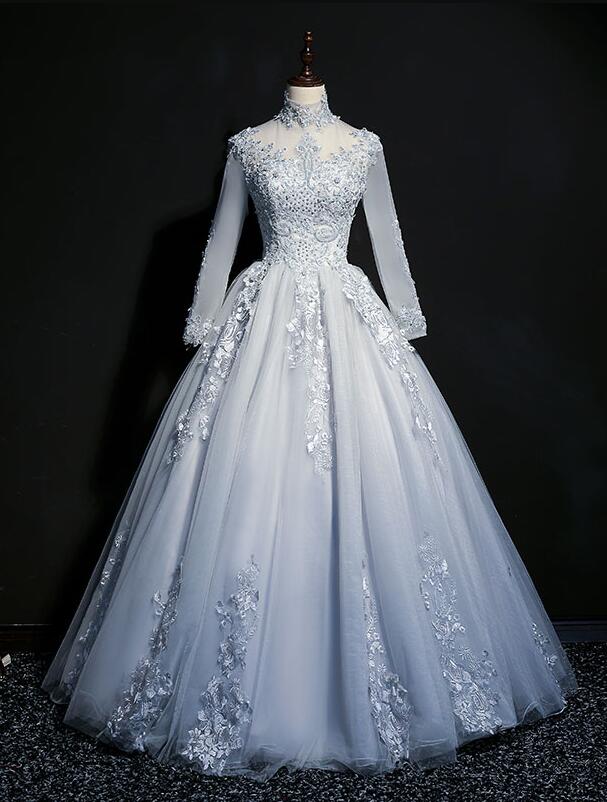 Hermoso vestido de fiesta gris de corte A con mangas largas y encaje 