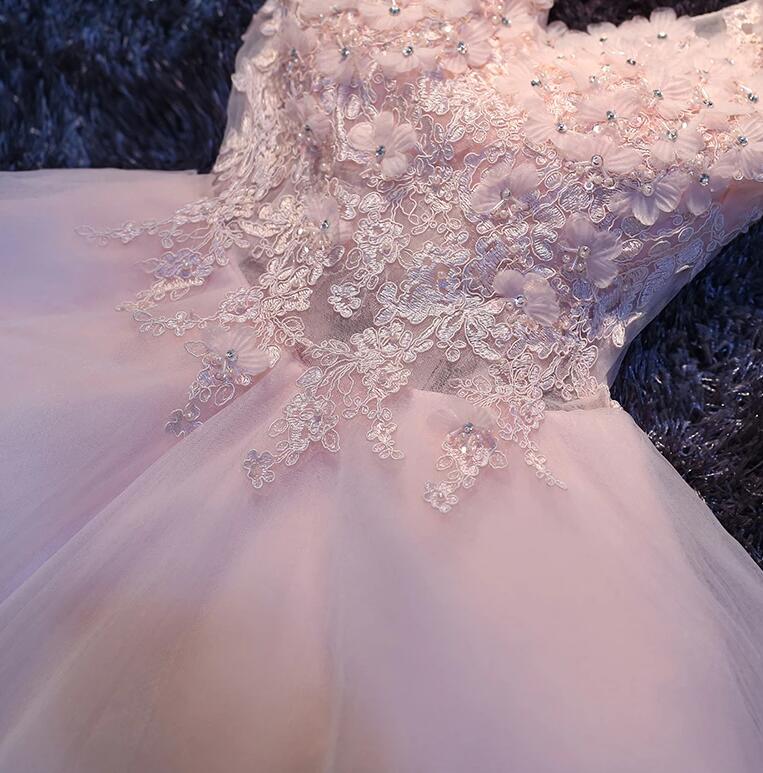 Pink V-neckline Flowers and Lace Applique Party Dress