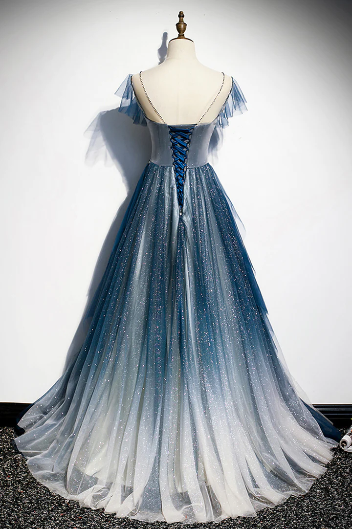 Vestido de fiesta largo de tul azul con cuentas y corte A 
