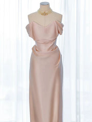 Vestido de fiesta de boda largo con hombros descubiertos de satén suave rosa 