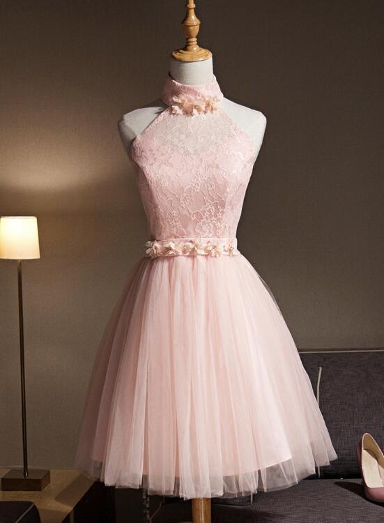 Lovely Pink Halter Tulle Flowers Short Prom Dress Homecoming Dress