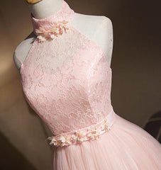 Lovely Pink Halter Tulle Flowers Short Prom Dress Homecoming Dress