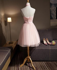 Lovely Pink Halter Tulle Flowers Short Prom Dress Homecoming Dress