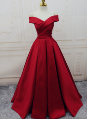 Red Satin Off Shoulder Handmade Long Formal Dress