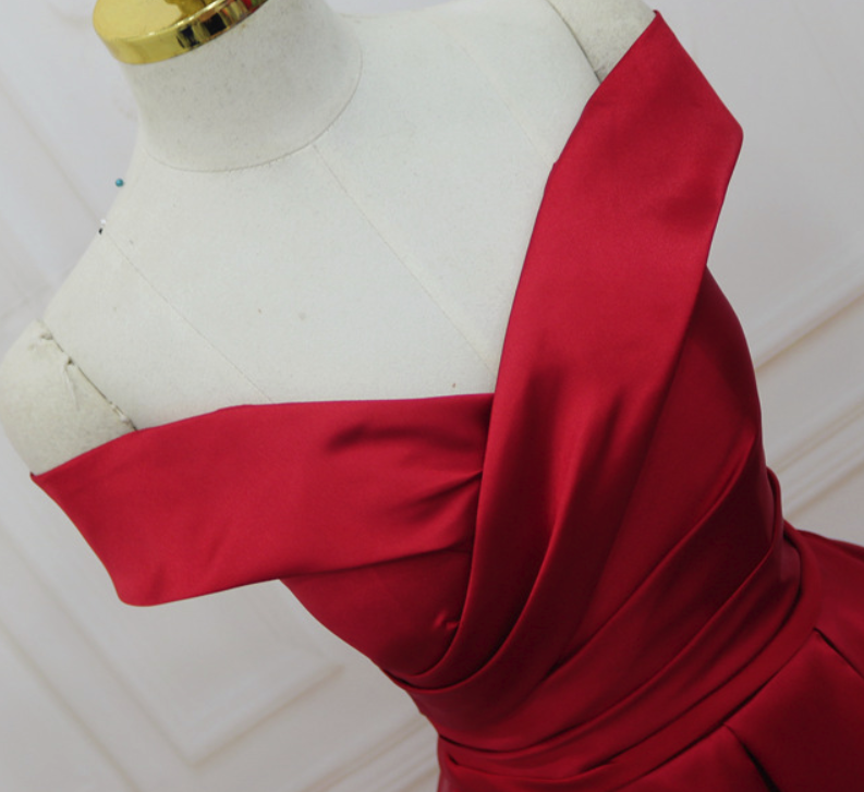 Red Satin Off Shoulder Handmade Long Formal Dress