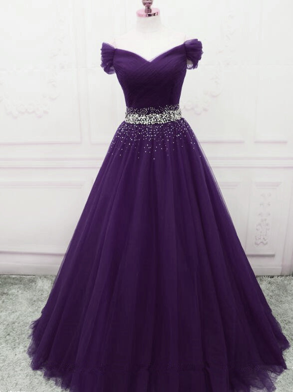Dark Purple Tulle Long Prom Dresses