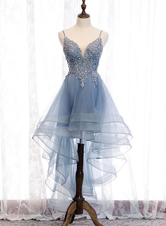 Blue High Low Tulle V-neckline Straps Party Dress with Lace
