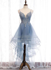 Blue High Low Tulle V-neckline Straps Party Dress with Lace