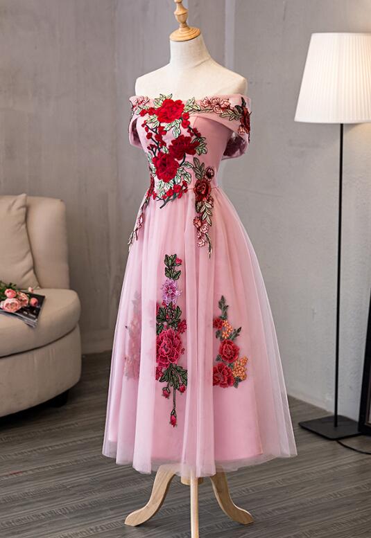 Lovely Pink Off Shoulder Tea Length Formal Dress