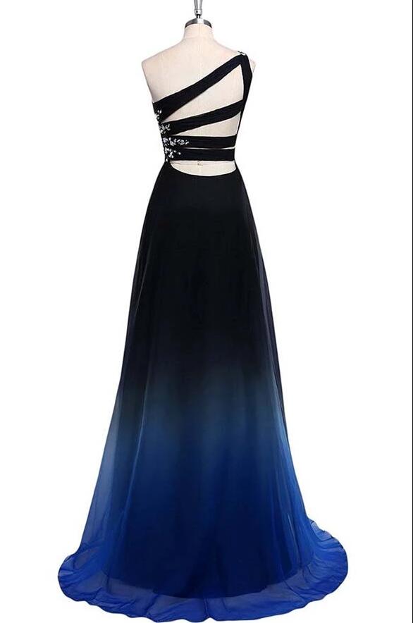 Charming A Line Sweep Train One Shoulder Sleeveless Gradient Prom Dress