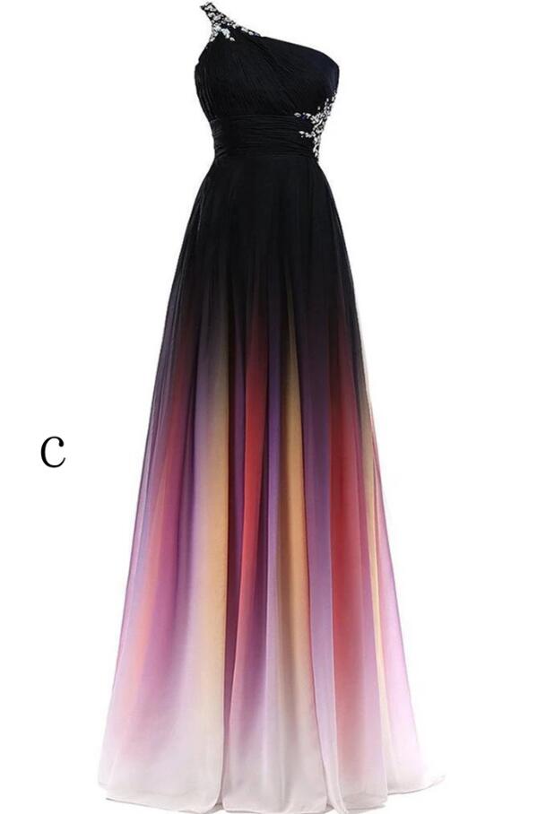 Charming A Line Sweep Train One Shoulder Sleeveless Gradient Prom Dress