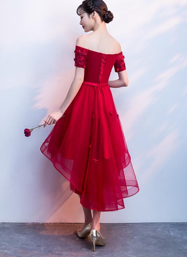 Dark Red High Low Flowers Homecoming Dress