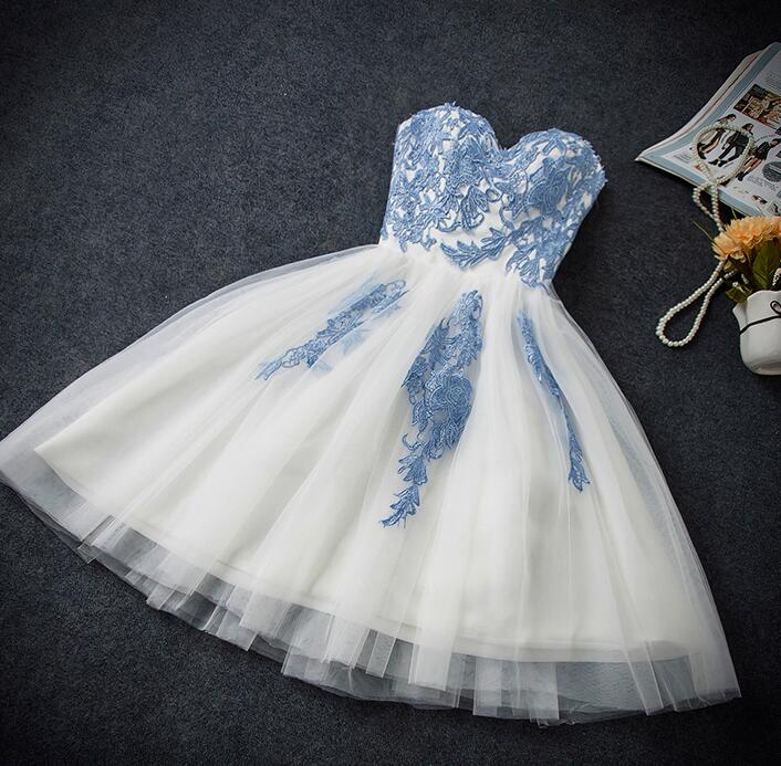 Lovely White Tulle Party Dress with Blue Applique