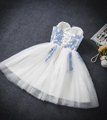 Lovely White Tulle Party Dress with Blue Applique