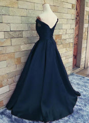 Vestido formal de satén azul marino con escote en forma de corazón, corte A, hecho a mano 
