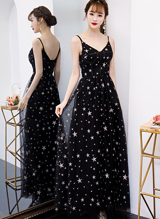 Lovely Black V-neckline Straps Long Evening Gown