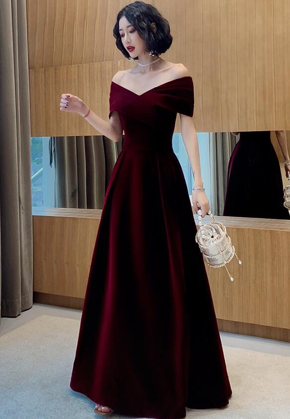 Elegant Burgundy Off Shoulder Sweetheart Velvet Party Dress