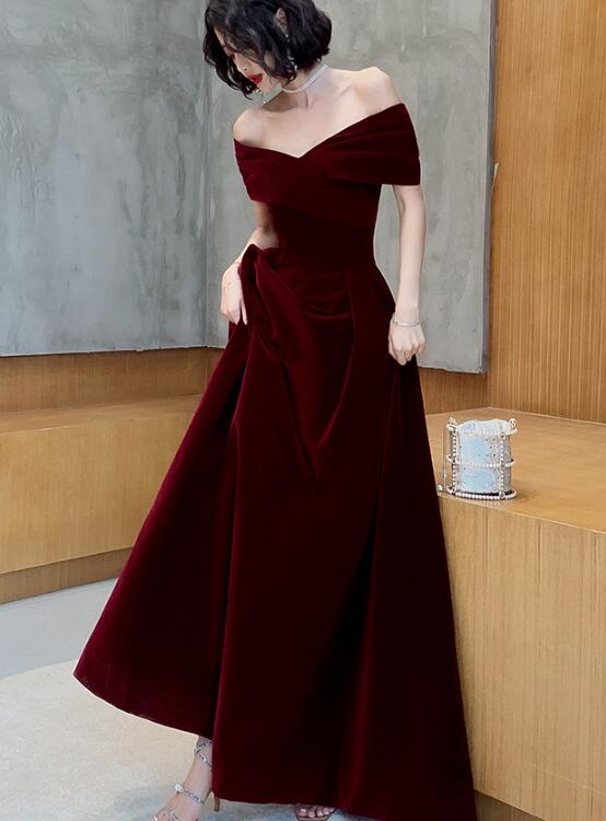 Charming Wine Red Velvet Off Shoulder Long Party Dress