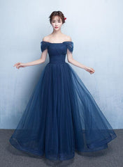 Navy Blue Off Shoulder Princess Long Party Dress