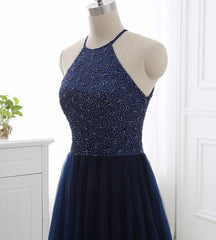 Elegant Navy Blue Halter Beaded Long Evening Dress