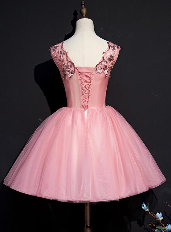Beautiful Pink Tulle Flowers Homecoming Dress