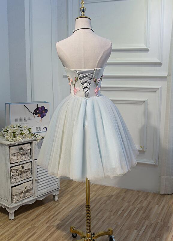 Light Blue Tulle Floral Short Sweetheart Homecoming Dress