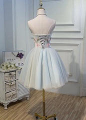 Light Blue Tulle Floral Short Sweetheart Homecoming Dress