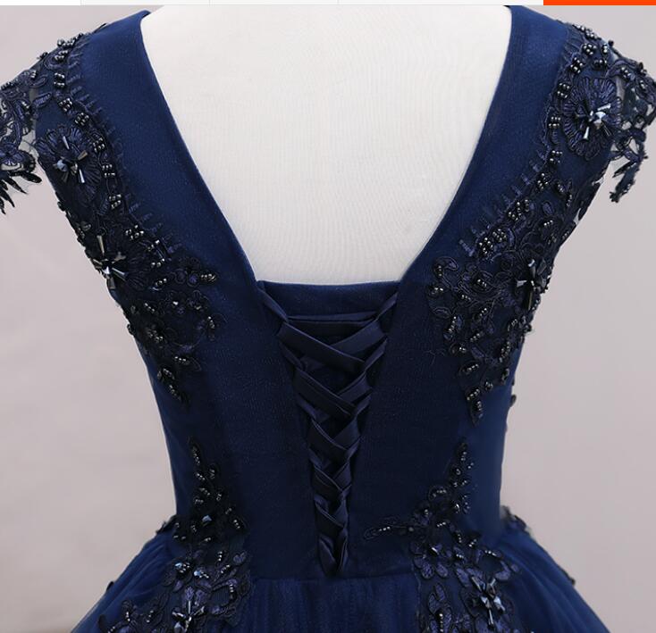 Navy Blue Tulle Beaded Knee Length Cap Sleeves Prom Dress